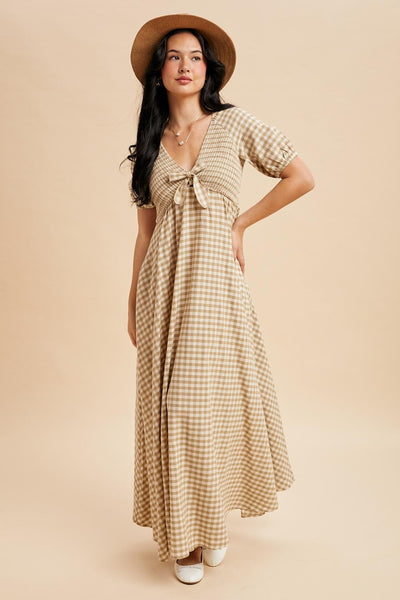Beige Smocked Gingham Maxi Dress – PinkBlush