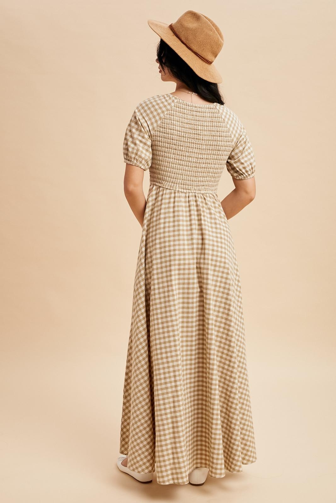 Beige Smocked Gingham Maxi Dress