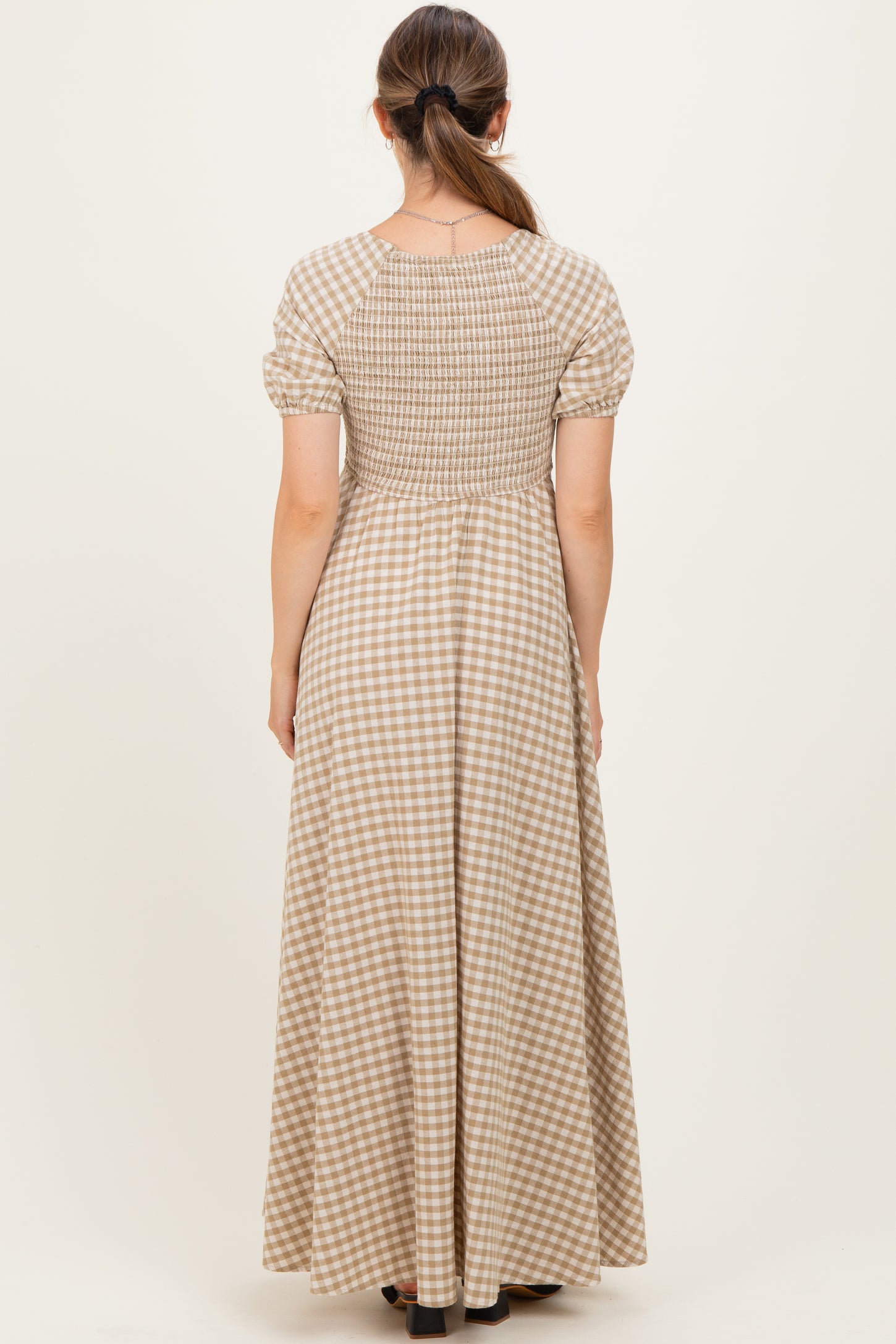 Beige Smocked Gingham Maternity Maxi Dress Beige Smocked Gingham Maternity Maxi Dress