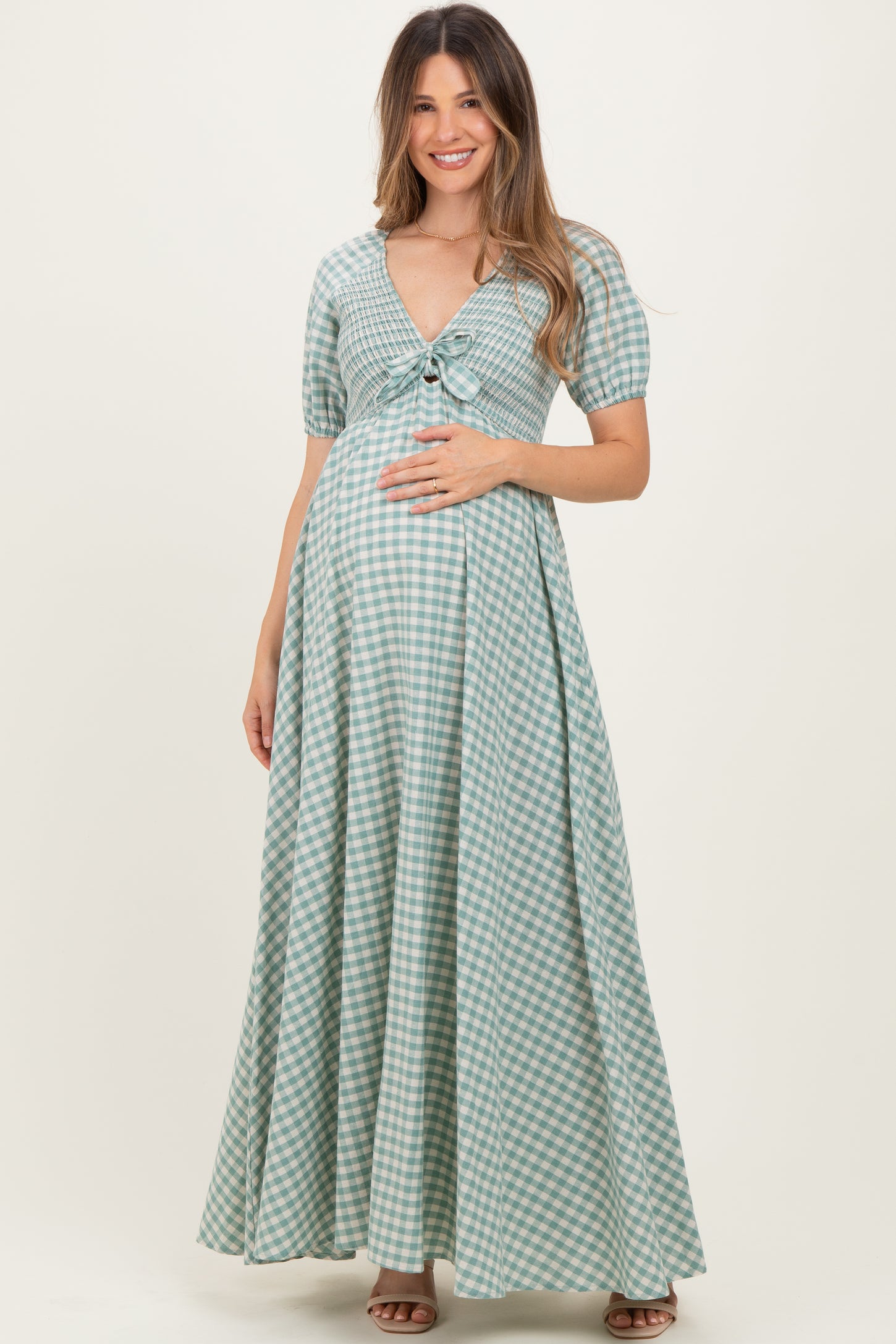 Mint Smocked Gingham Maternity Maxi Dress PinkBlush Mint Smocked Gingham Maternity Maxi Dress PinkBlush