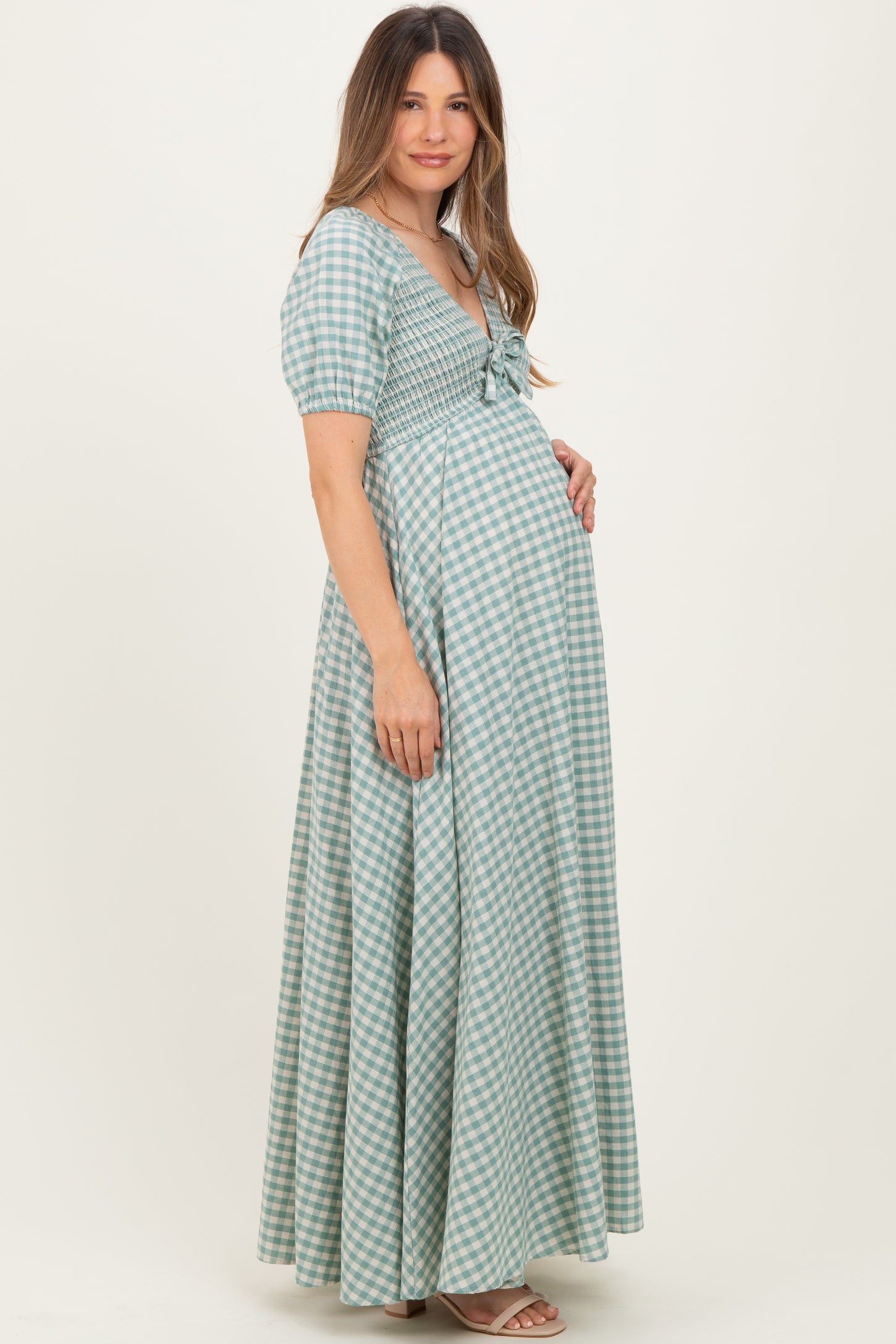 Mint Smocked Gingham Maternity Maxi Dress PinkBlush Mint Smocked Gingham Maternity Maxi Dress PinkBlush