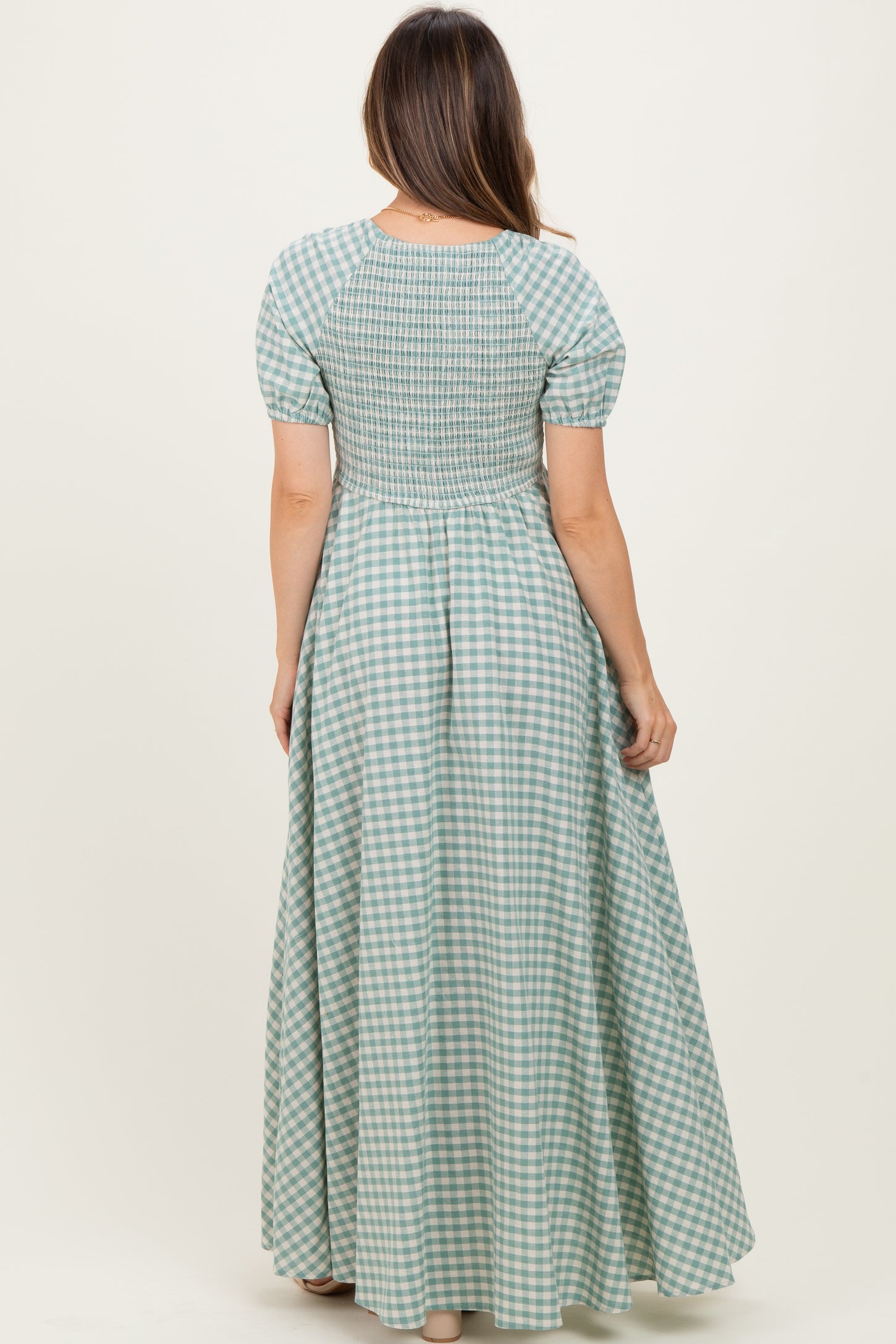 Mint Smocked Gingham Maternity Maxi Dress
