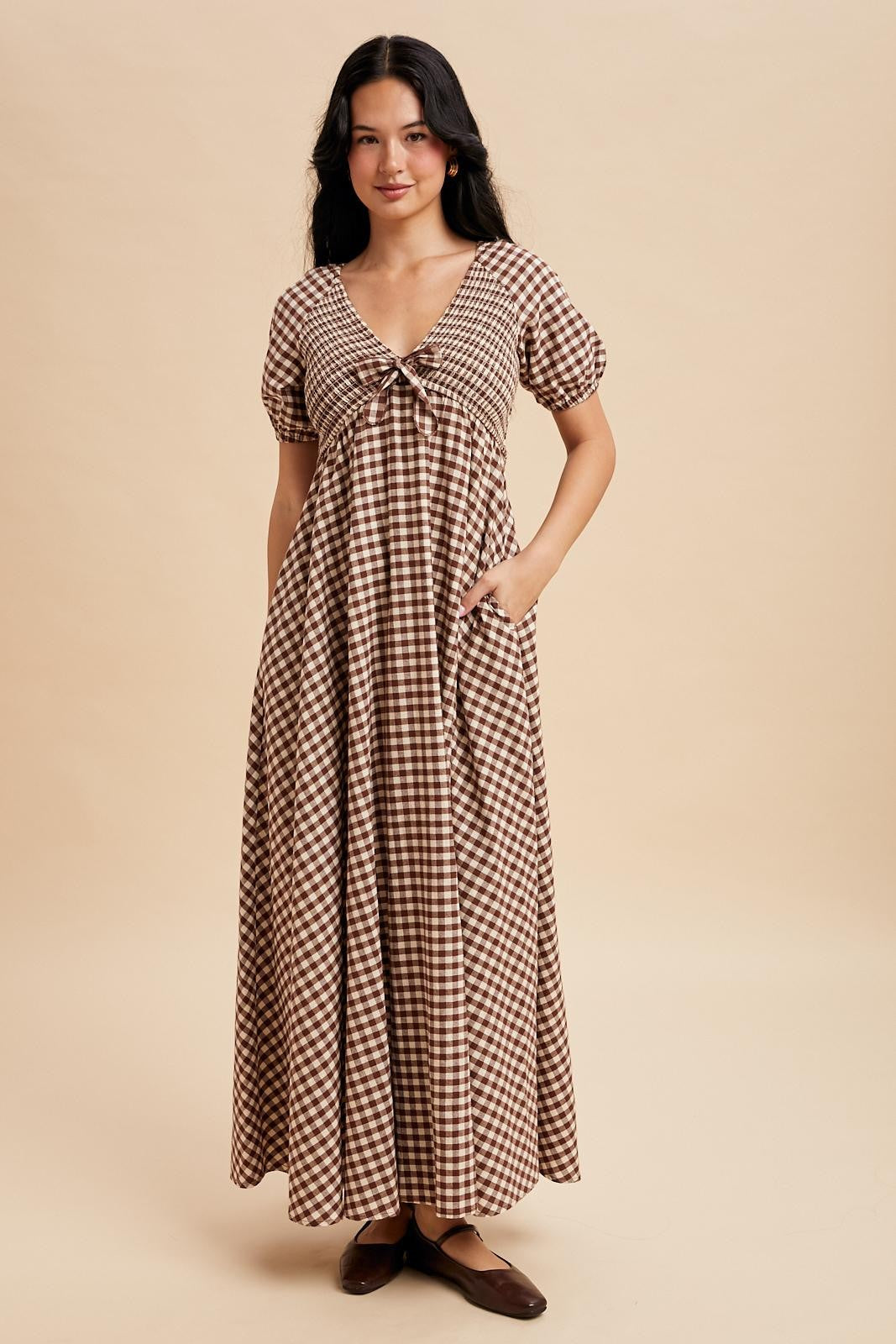 Mocha Smocked Gingham Maternity Maxi Dress PinkBlush Mocha Smocked Gingham Maternity Maxi Dress PinkBlush