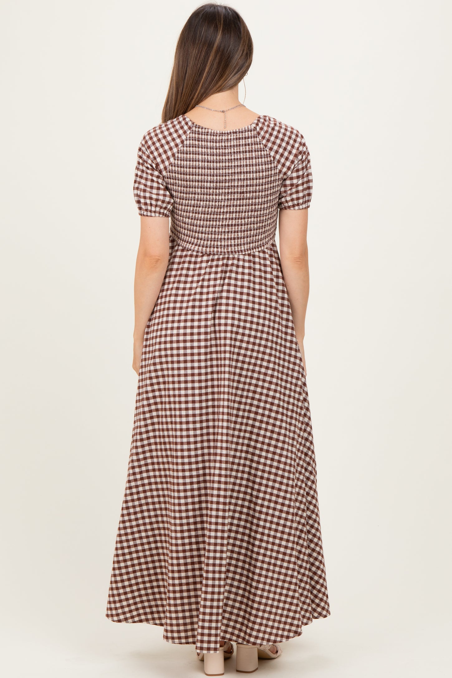 Mocha Smocked Gingham Maternity Maxi Dress PinkBlush Mocha Smocked Gingham Maternity Maxi Dress PinkBlush
