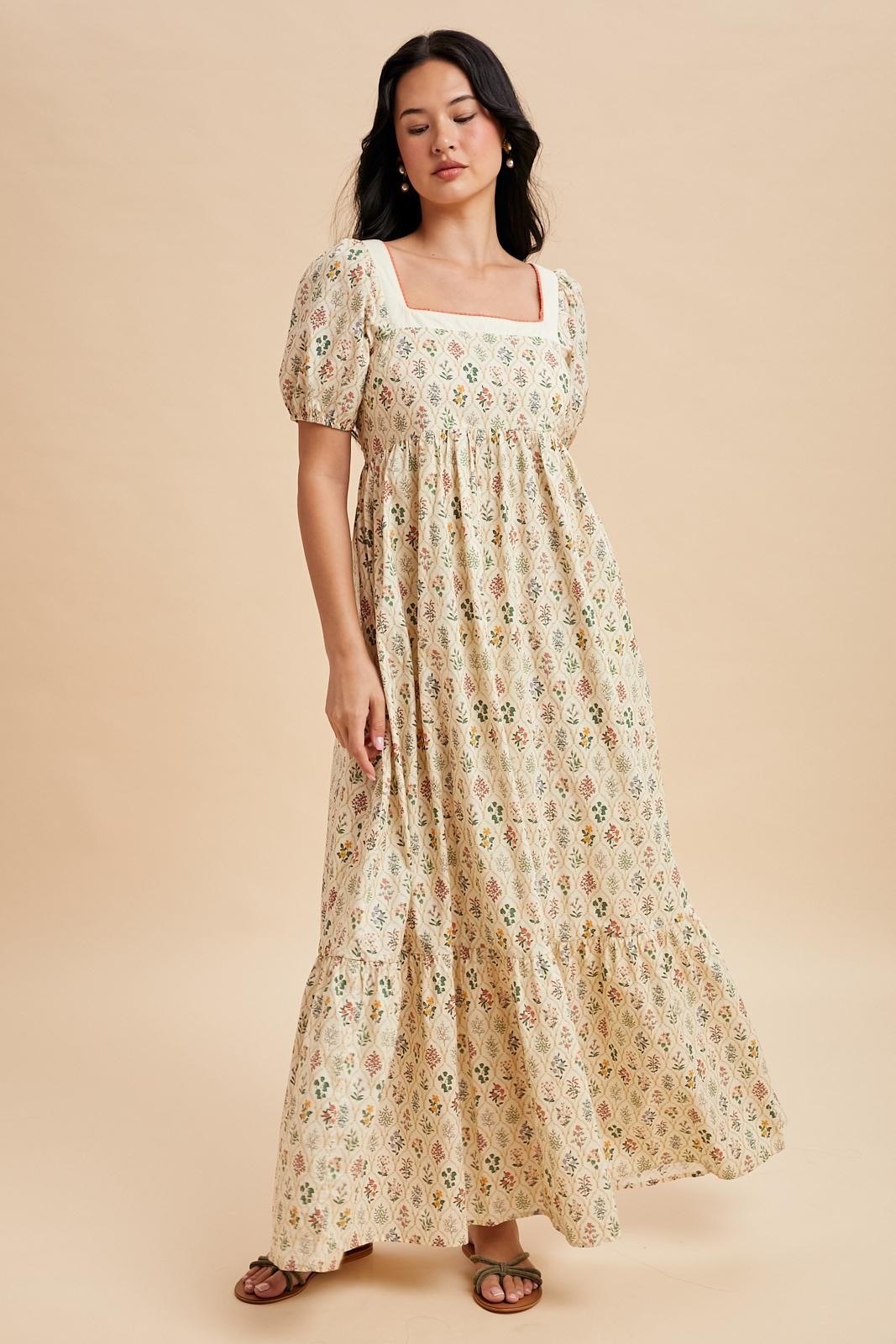 Creme Floral Cotton Puff Sleeve Maxi Dress