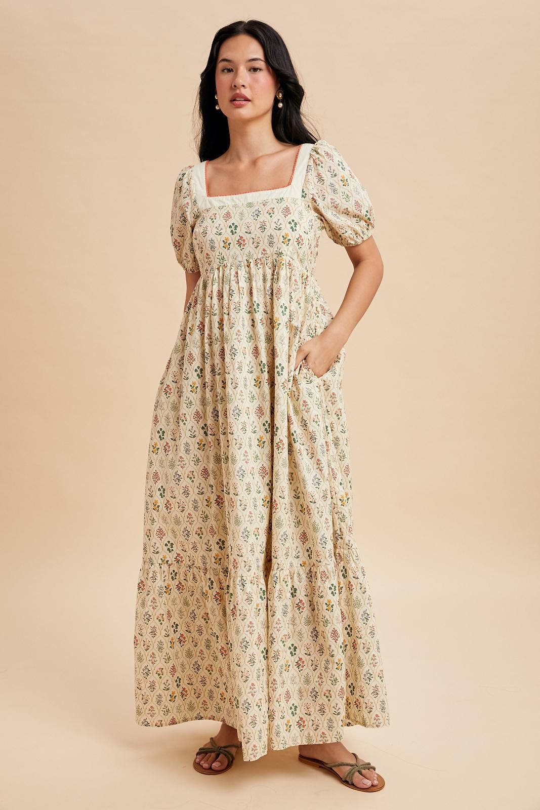 Creme Floral Cotton Puff Sleeve Maxi Dress