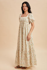 Creme Floral Cotton Puff Sleeve Maxi Dress