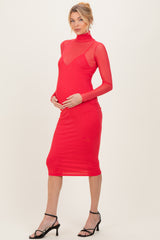 Coral Red Mesh Overlay Fitted Maternity Midi Dress