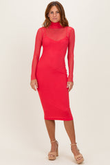 Coral Red Mesh Overlay Fitted Maternity Midi Dress