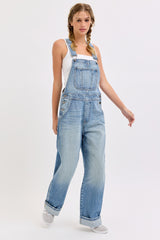 Blue Wide Leg Denim Cuffed Overalls