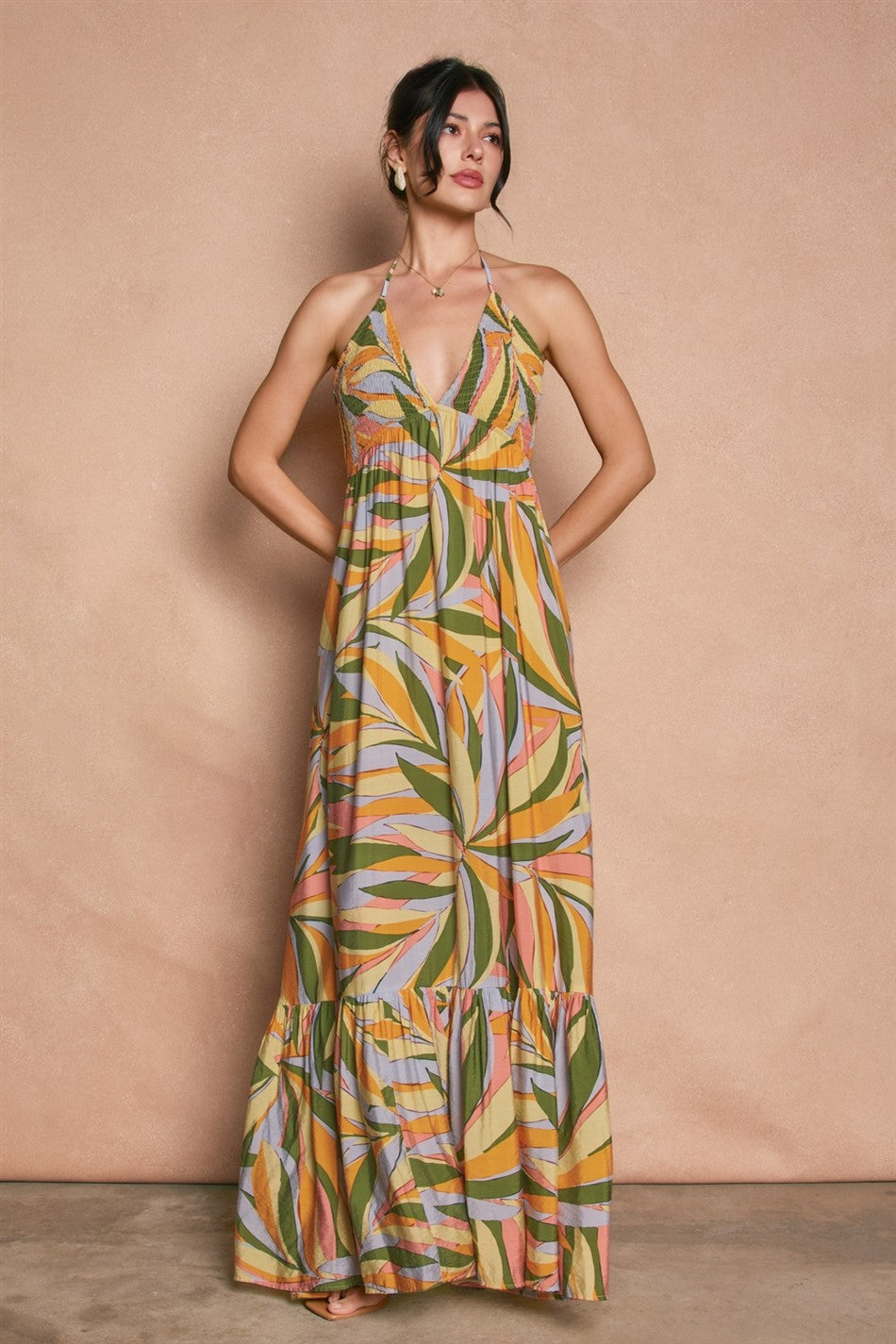 Multicolor Print Halter Cutout Tie Back Maxi Dress
