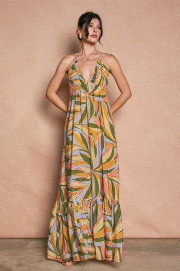 Multicolor Print Halter Cutout Tie Back Maxi Dress