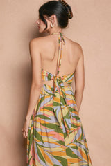 Multicolor Print Halter Cutout Tie Back Maxi Dress