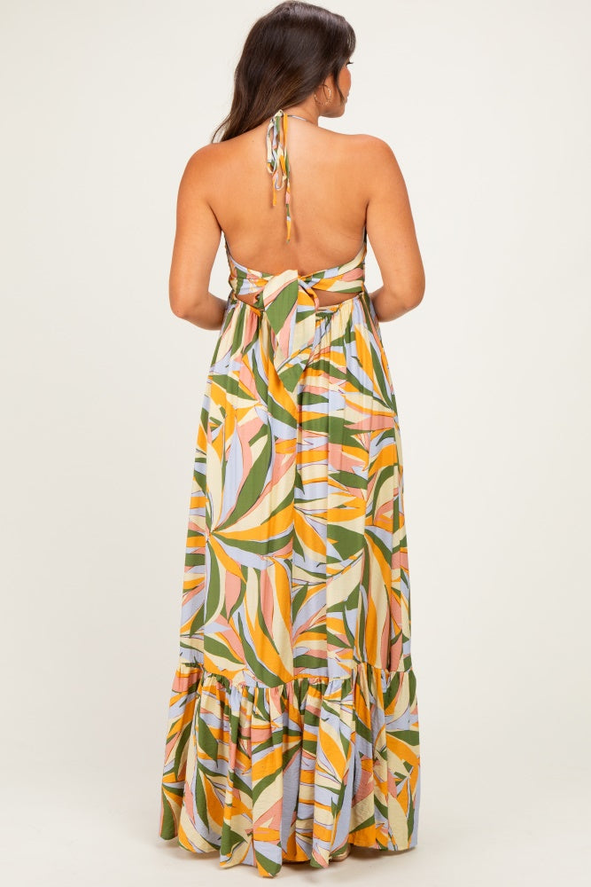 Multicolor Print Halter Cutout Tie Back Maternity Maxi Dress