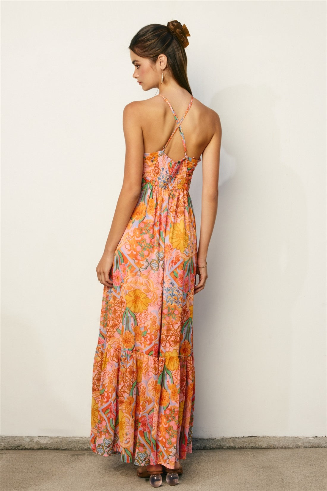 Multicolor Floral Halter Crisscross Back Maxi Dress