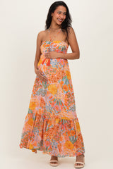 Multicolor Floral Halter Crisscross Back Maternity Maxi Dress