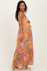 Multicolor Floral Halter Crisscross Back Maternity Maxi Dress