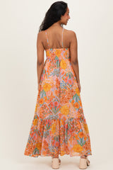 Multicolor Floral Halter Crisscross Back Maternity Maxi Dress