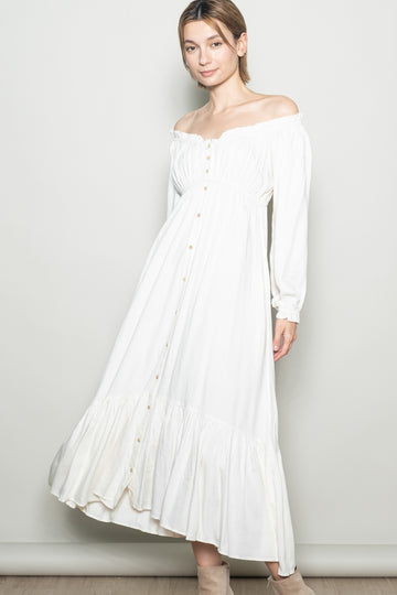 White Off Shoulder Button Accent Maxi Dress