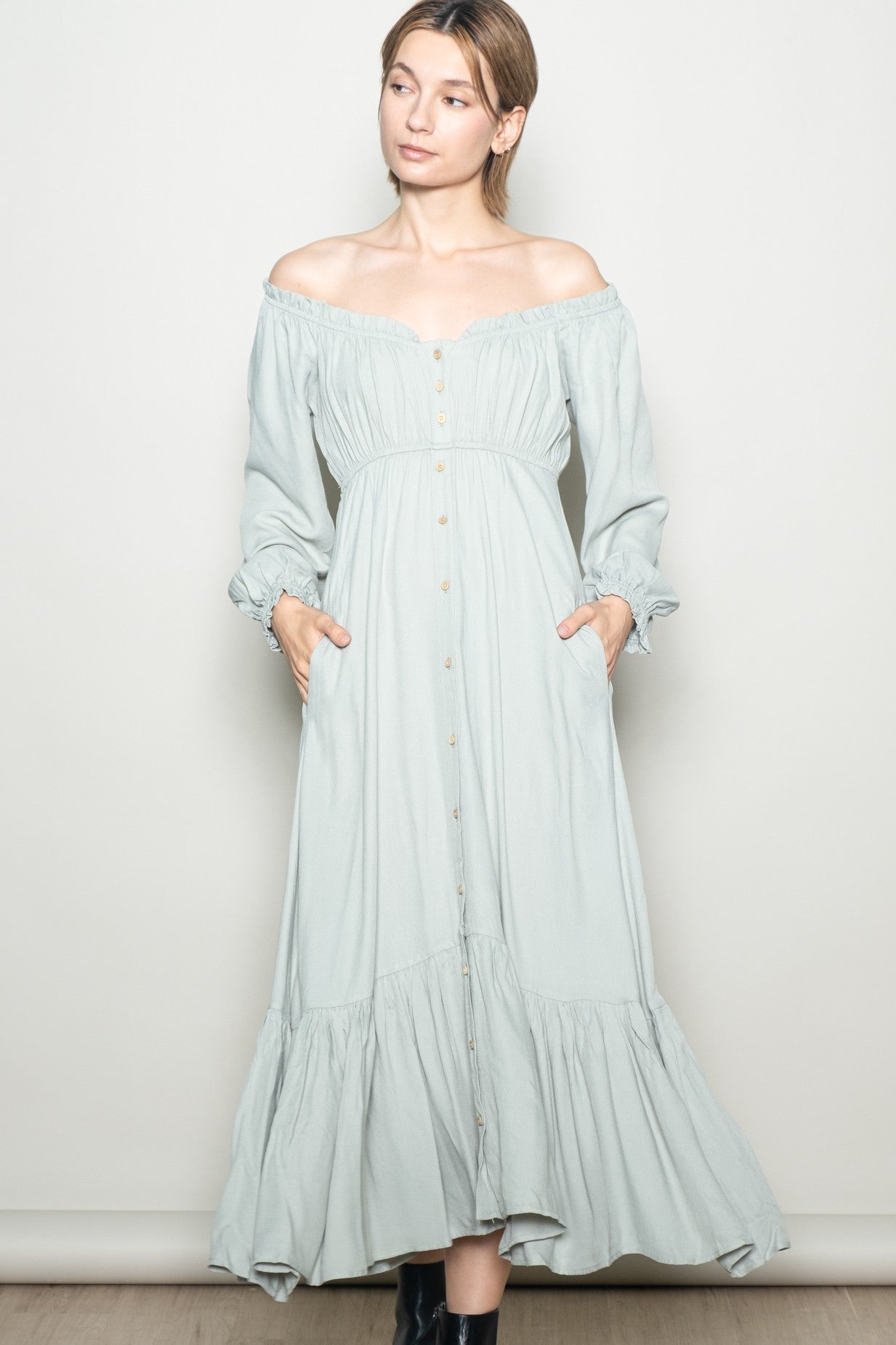 Sage Off Shoulder Button Accent Maxi Dress