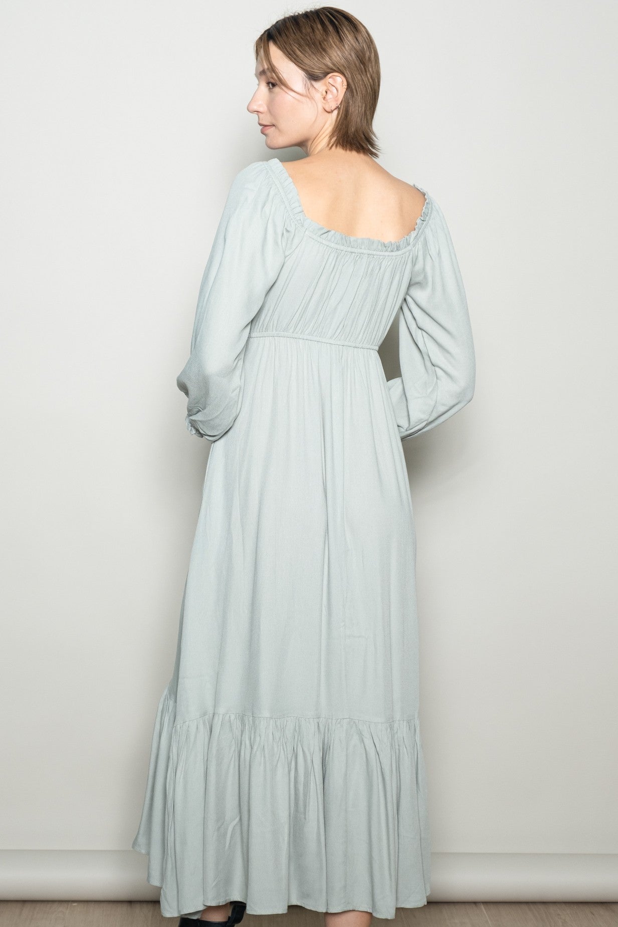 Sage Off Shoulder Button Accent Maxi Dress