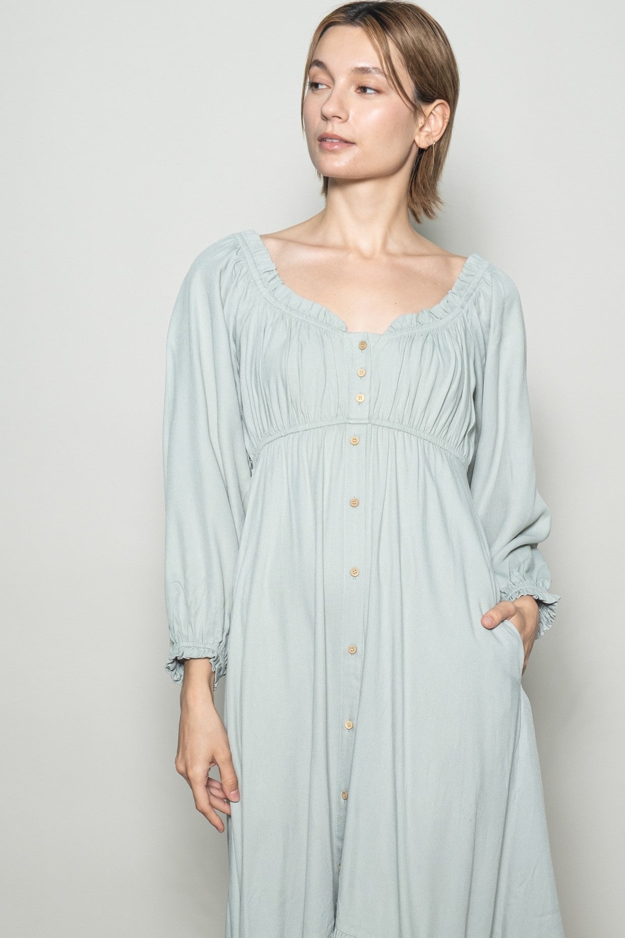 Sage Off Shoulder Button Accent Maxi Dress