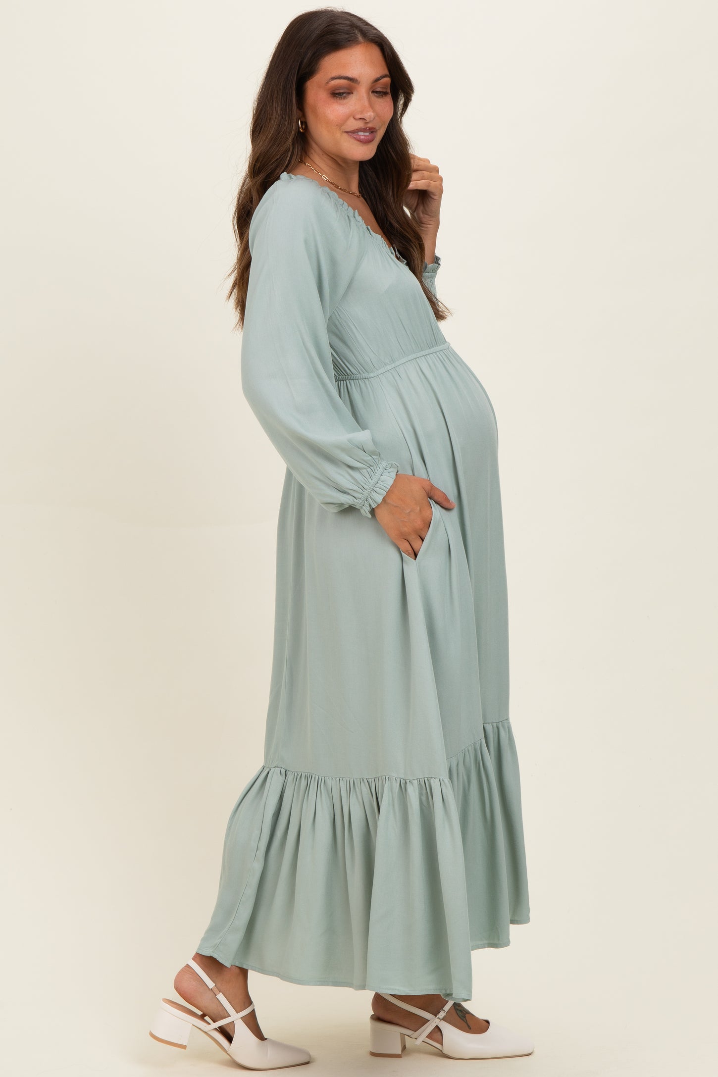 Sage Off Shoulder Button Accent Maternity Maxi Dress