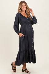 Navy Off Shoulder Button Accent Maternity Maxi Dress