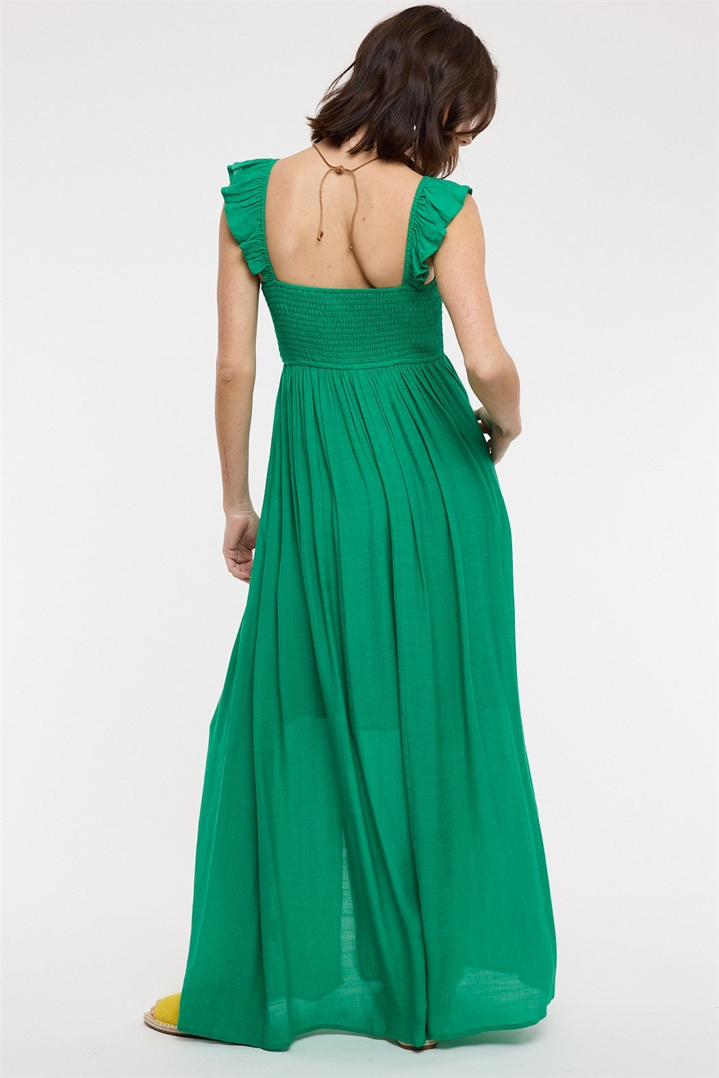 Green Cinched Smocked Bust Sleeveless Maxi Dress