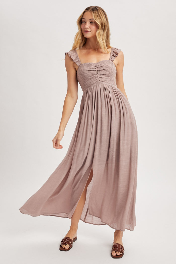 Mauve Cinched Smocked Bust Sleeveless Maternity Maxi Dress