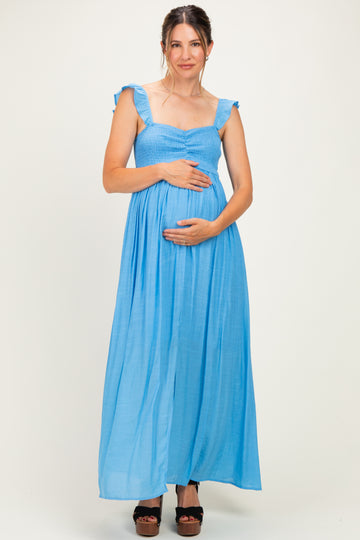 Blue Cinched Smocked Bust Sleeveless Maternity Maxi Dress