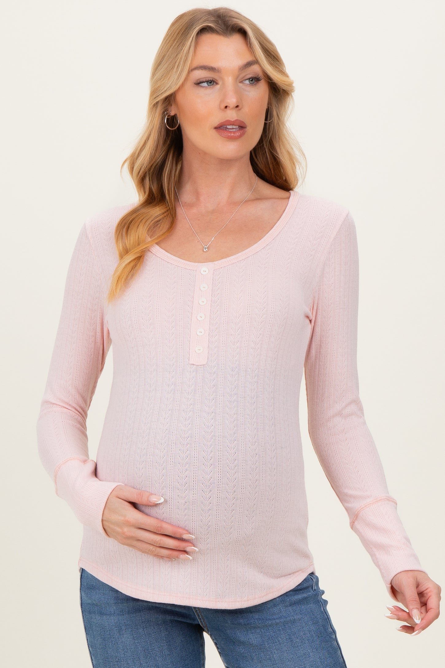 Light Pink Pointelle Knit Maternity Henley Top