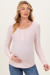 Light Pink Pointelle Knit Maternity Henley Top