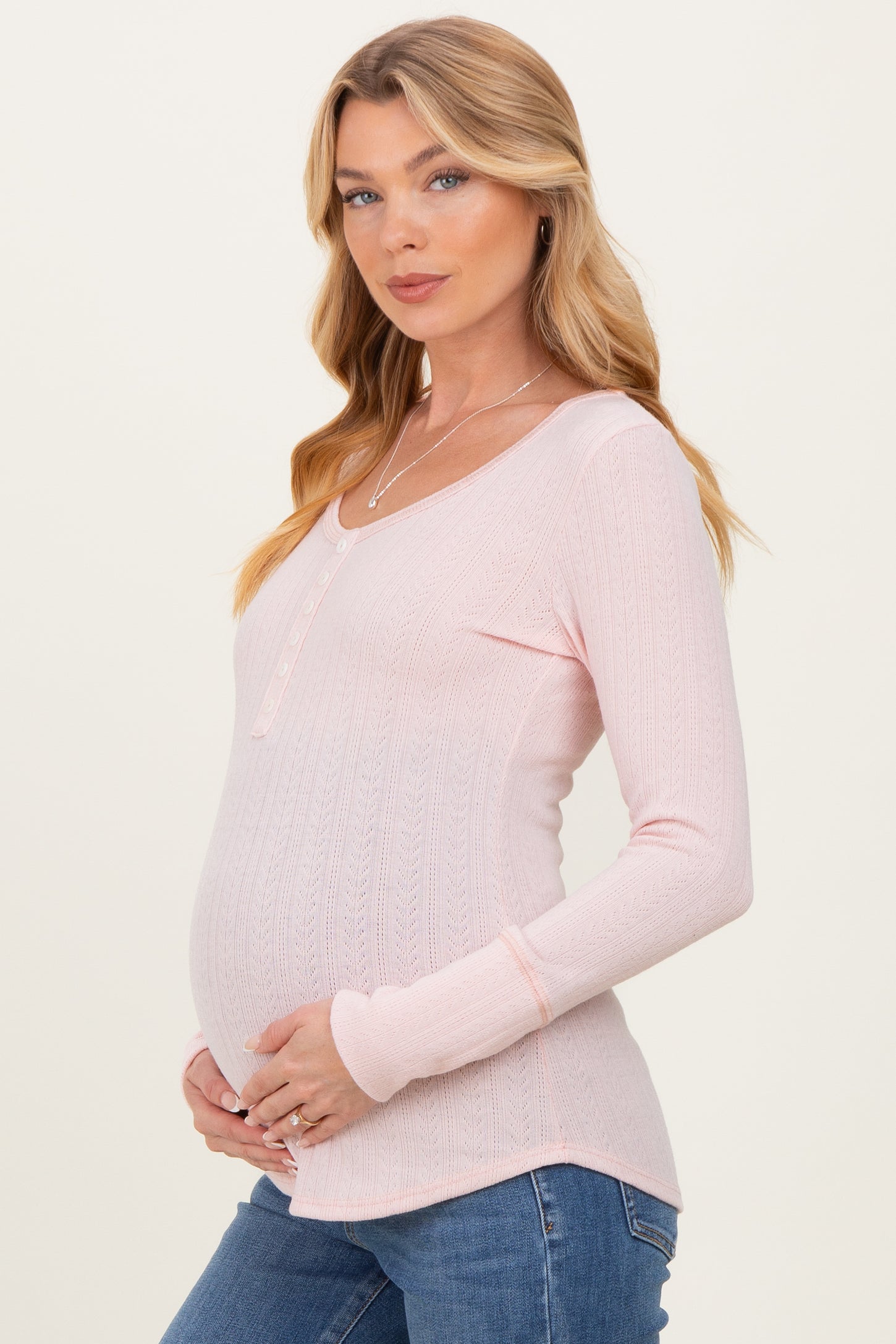 Light Pink Pointelle Knit Maternity Henley Top