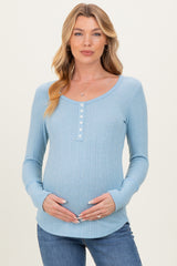 Light Blue Pointelle Knit Maternity Henley Top