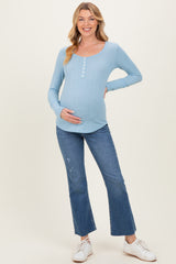 Light Blue Pointelle Knit Maternity Henley Top