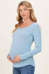 Light Blue Pointelle Knit Maternity Henley Top