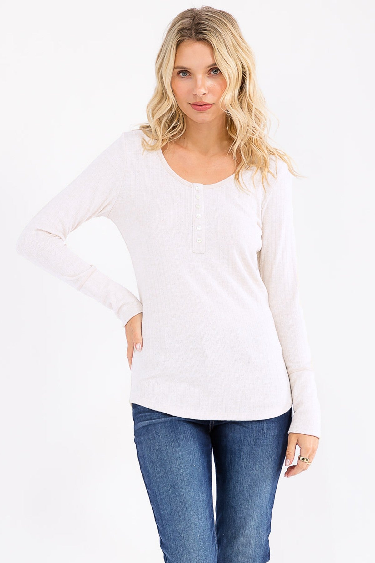 White Pointelle Knit Maternity Henley Top