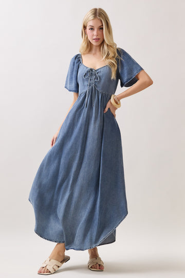 Blue Chambray Cinched Tie Bust Maxi Dress