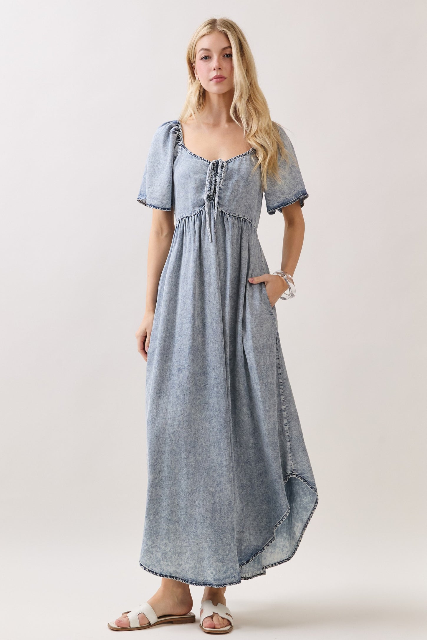 fitted lace wedding dress Light Blue Chambray Cinched Tie Bust Maternity Maxi Dress