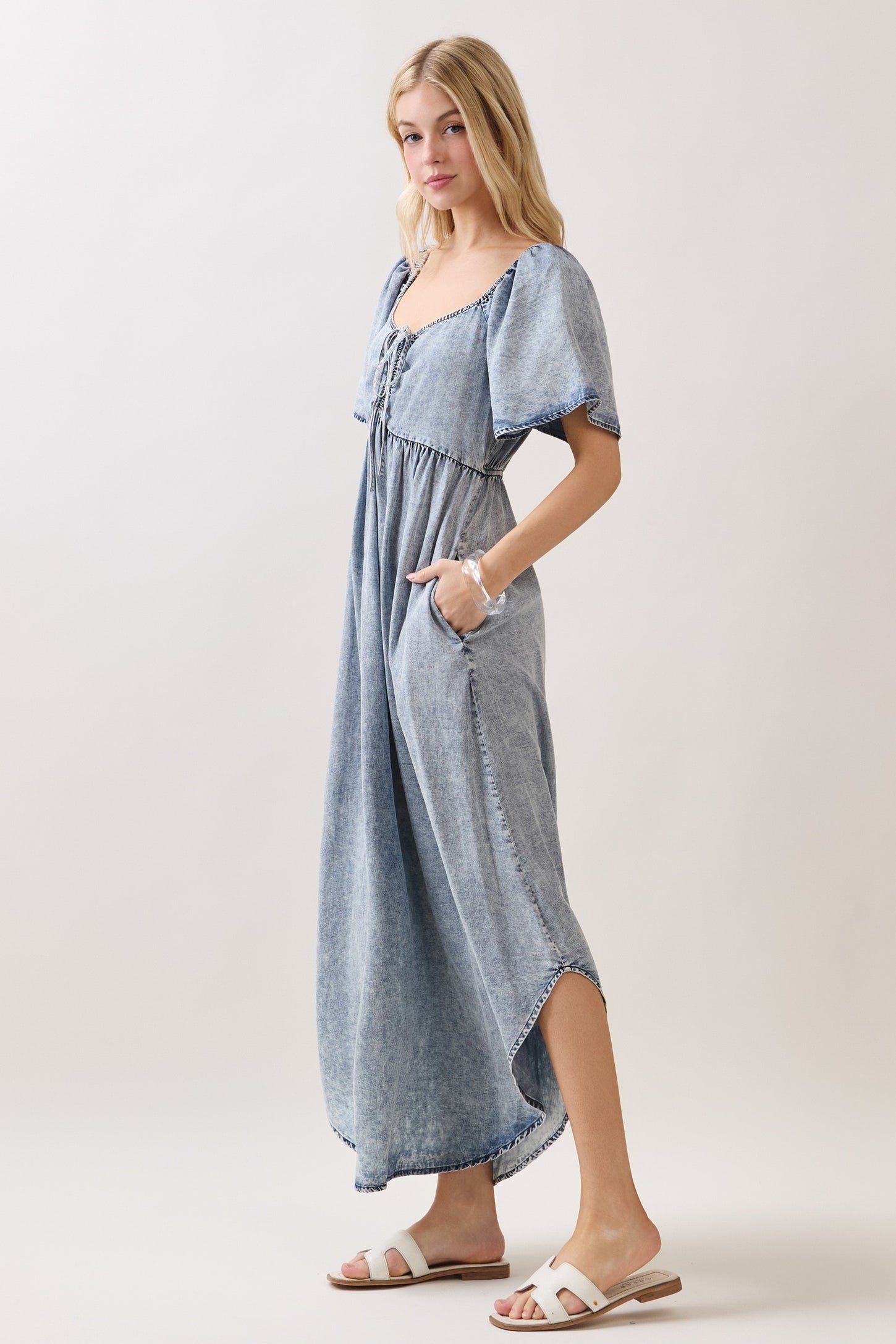Light Blue Chambray Cinched Tie Bust Maxi Dress