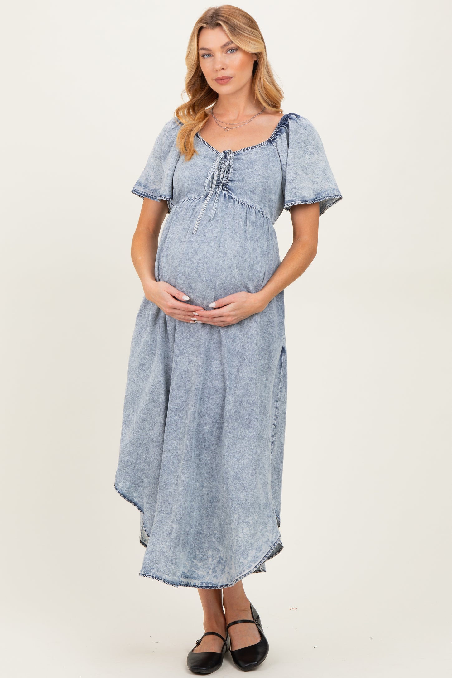Light Blue Chambray Cinched Tie Bust Maternity Maxi Dress