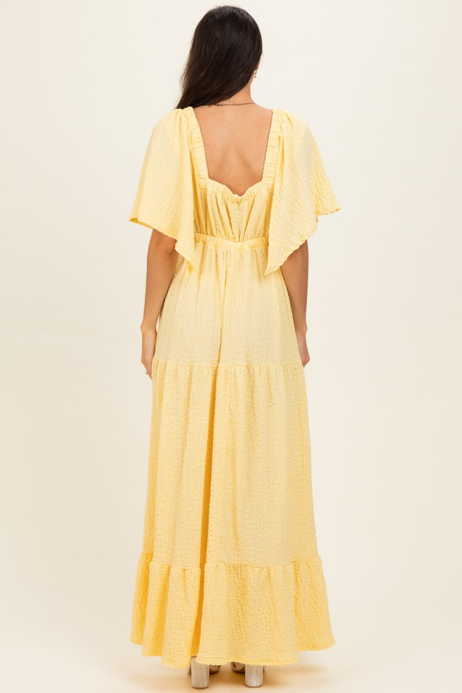 Yellow Woven Textured Flutter Sleeve V-Neck Tiered Maxi Dress – PinkBlush