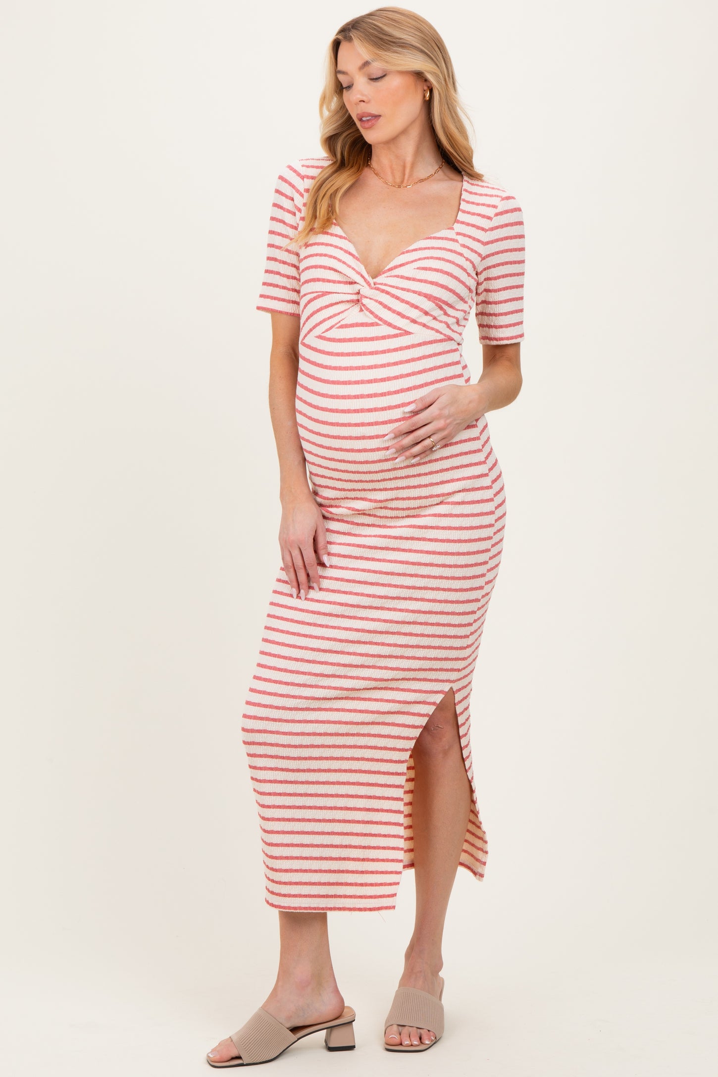 Cream/ Mauve Striped Knit Short Sleeve Maternity Maxi Dress