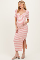 Cream/ Mauve Striped Knit Short Sleeve Maternity Maxi Dress