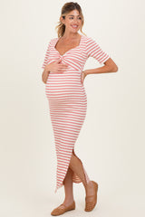 Cream/ Mauve Striped Knit Short Sleeve Maternity Maxi Dress