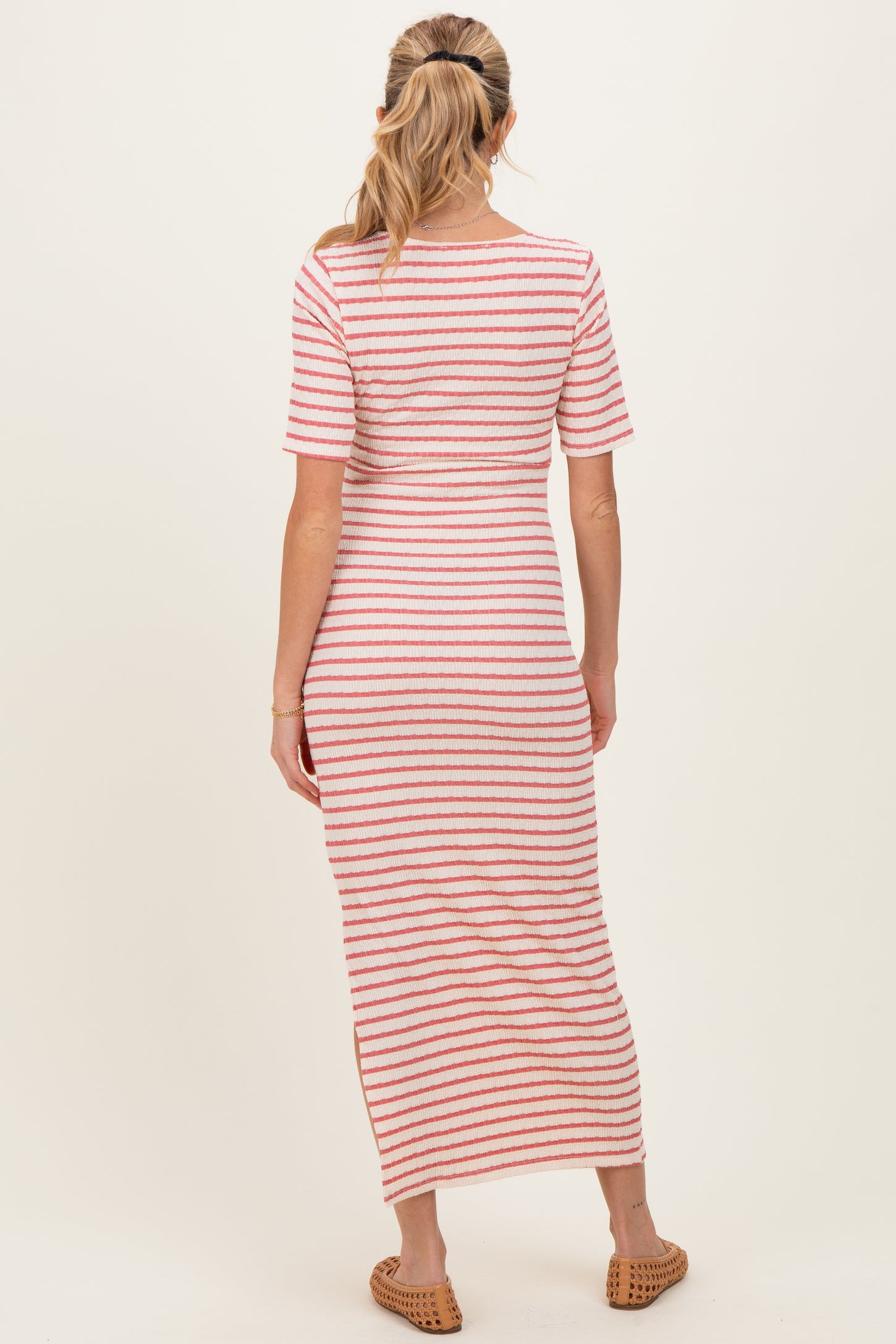 Cream/ Mauve Striped Knit Short Sleeve Maternity Maxi Dress
