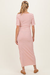 Cream/ Mauve Striped Knit Short Sleeve Maternity Maxi Dress