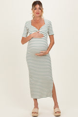 Cream/ Sage Striped Knit Short Sleeve Maternity Maxi Dress