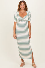 Cream/ Sage Striped Knit Short Sleeve Maternity Maxi Dress